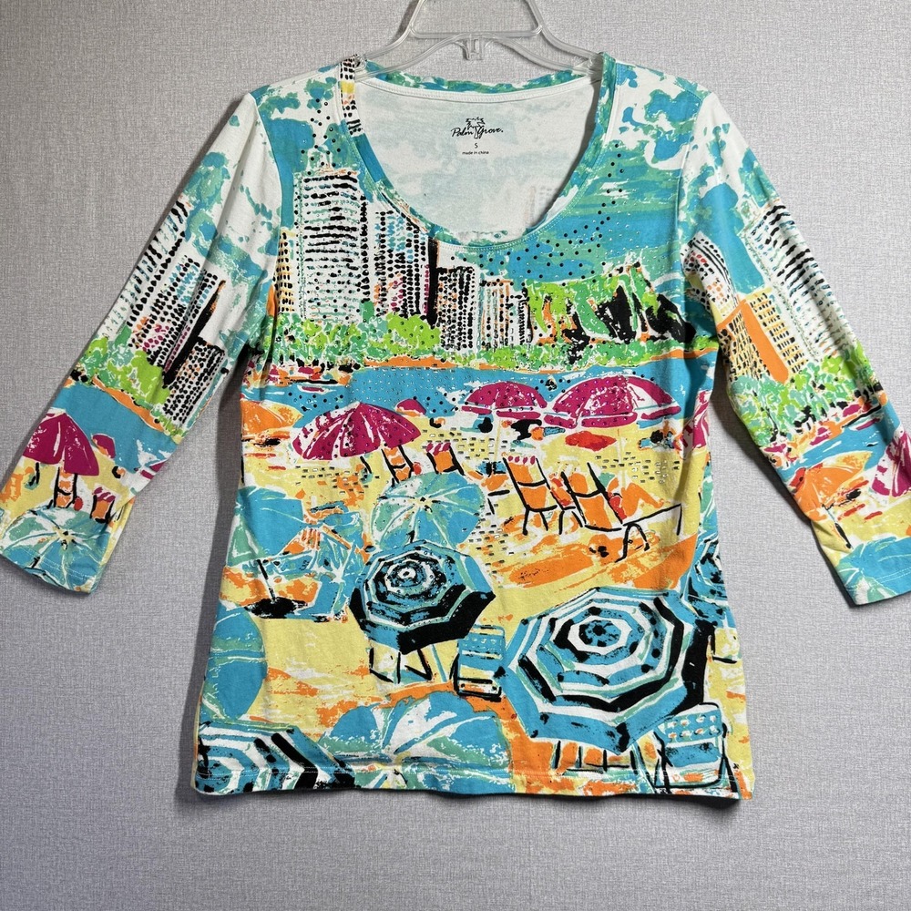 Palm Grove Shirt Womens Small Multicolor Beach Rhinestone Scoop 3/4 Sleeve Top